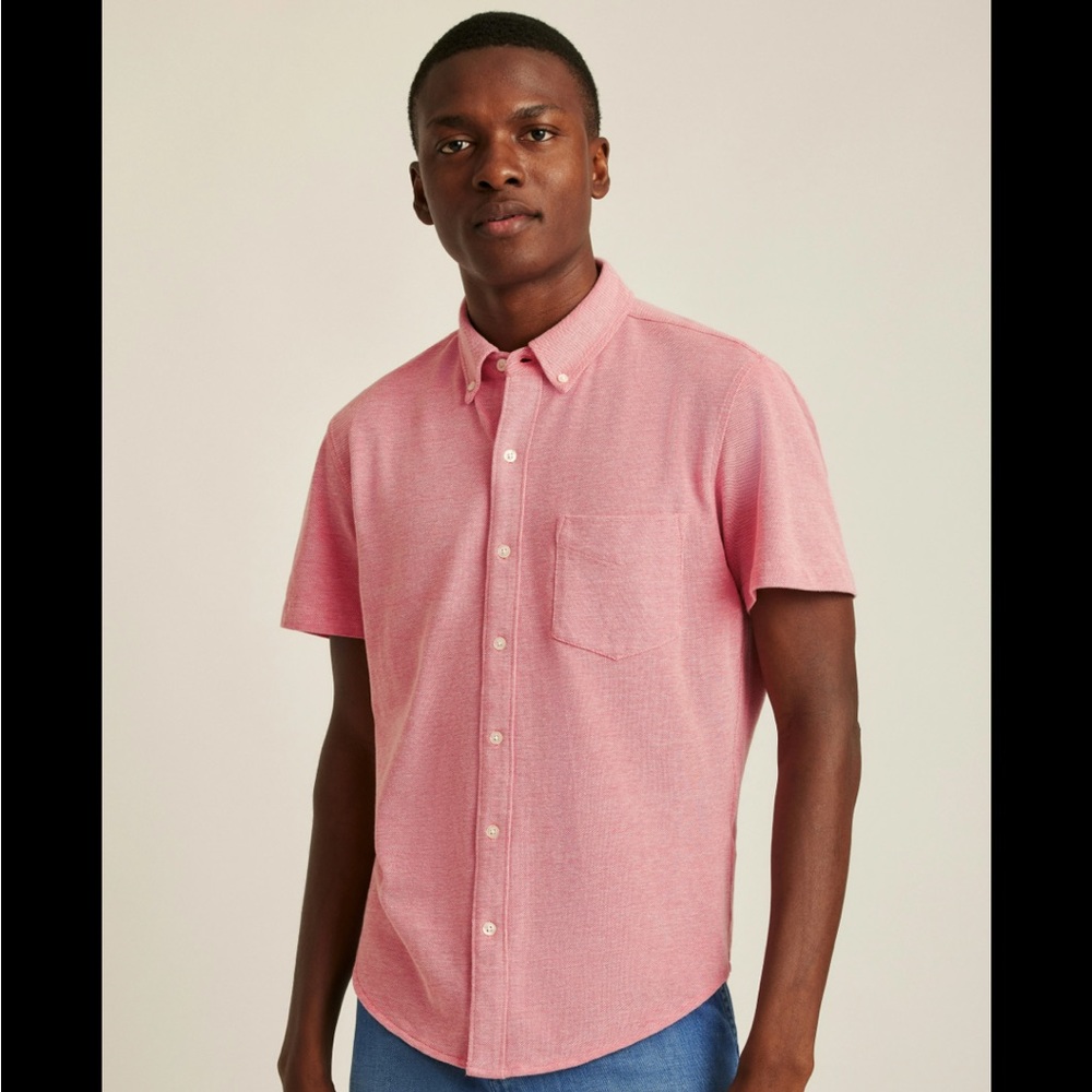 BONOBOS SPICED CORAL SLIM SHORT SLEEVE KNIT OXFORD SHIRT